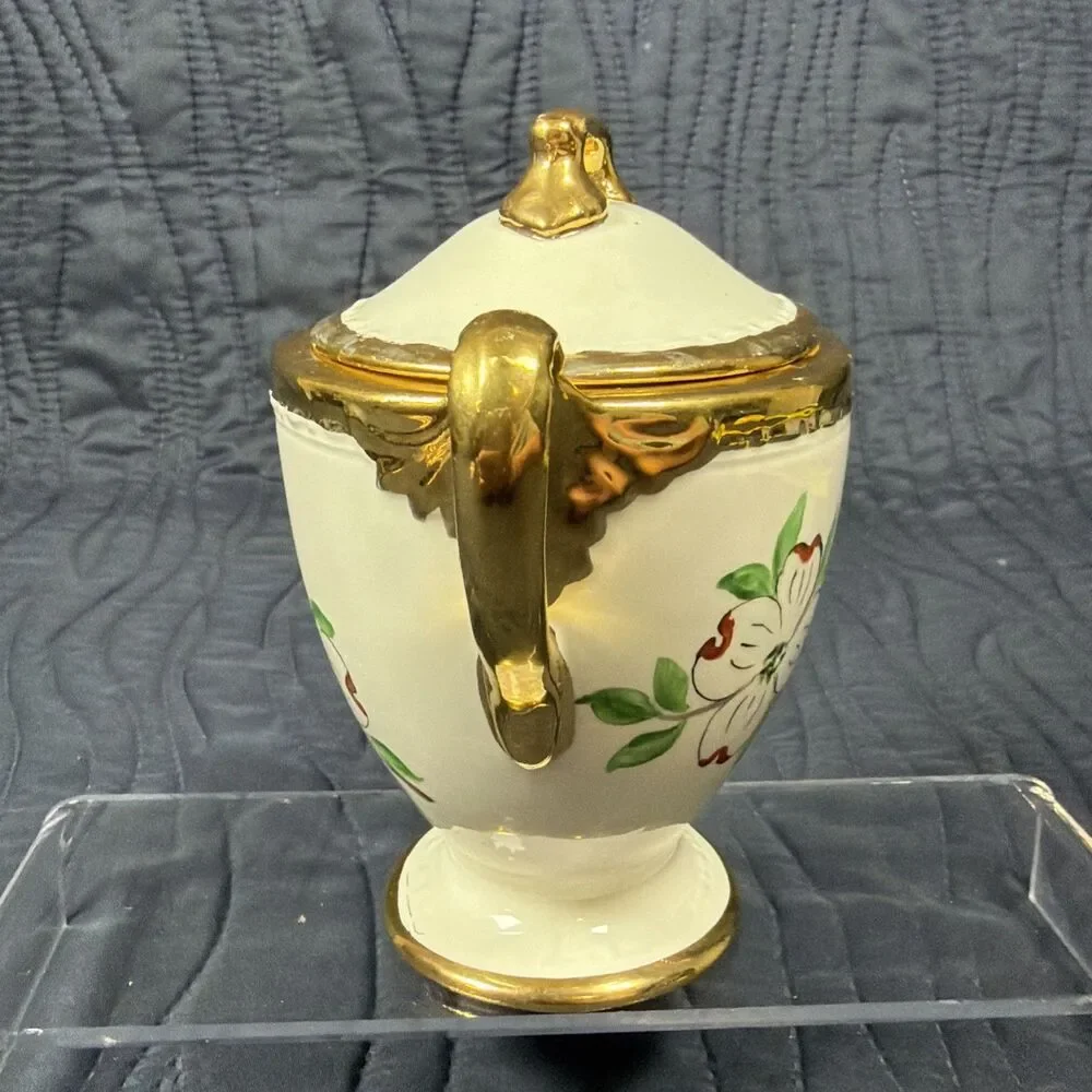 Vintage Porcelain Covered Sugar Bowl Dogwood Flowers Gold Trim Handles Lid